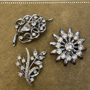 Vintage Silver Tone and Rhinestone Brooch Lot